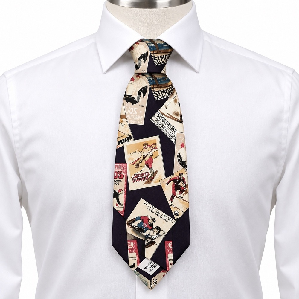 Zylos George Machado Silk Tie Mens OS Black Vintage Ski Poster Academia Formal